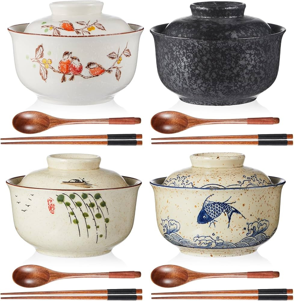 4 Pack 25oz Ceramic Ramen Bowl with Lid Microwavable with Chopsticks and Spoon Japanese Korean So... | Amazon (US)