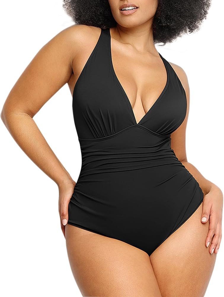 SHAPELLX Tummy Control Swimsuit for Women Shapewear Bathing Suit Ruched Plunge Cut Out Swimsuits ... | Amazon (US)