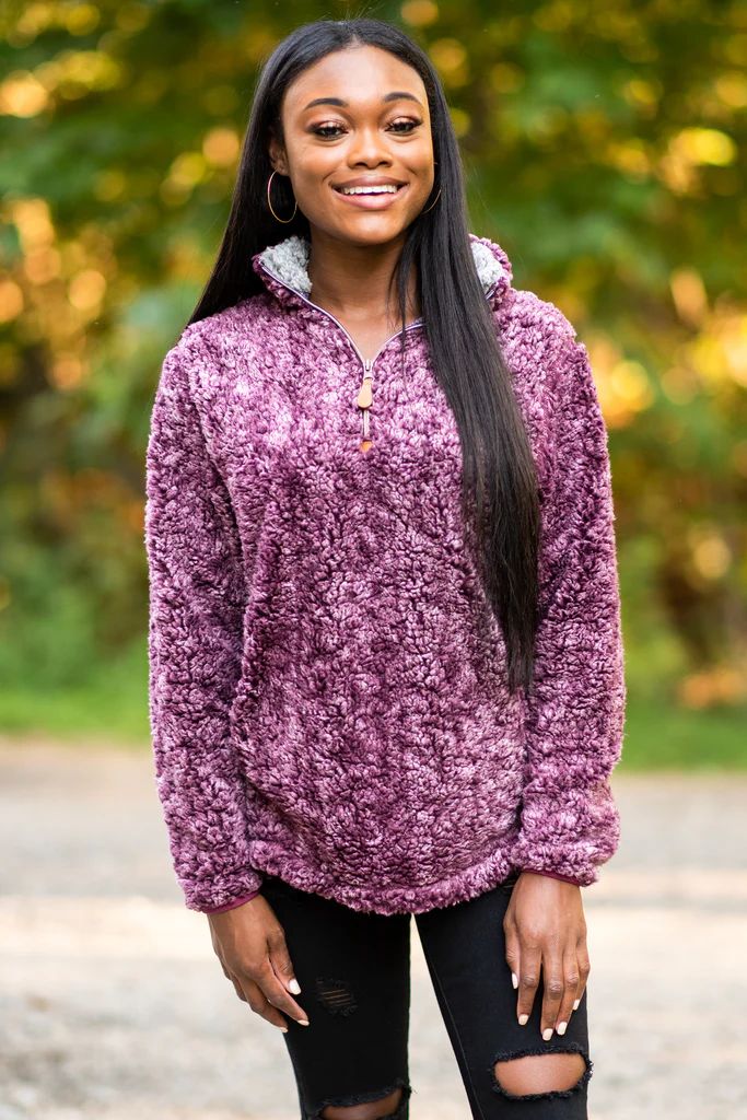Tell Me Everything Wine Red Sherpa Pullover | The Mint Julep Boutique