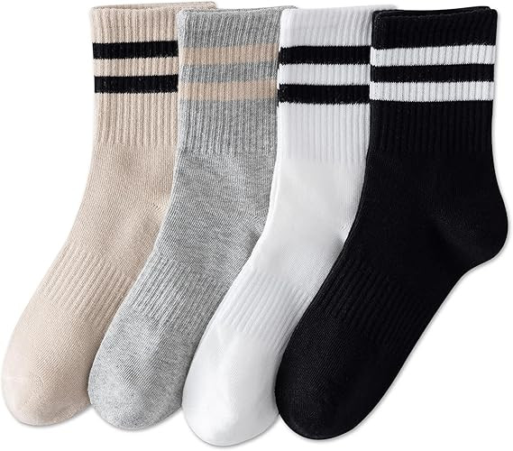 YUWELL Womens Striped Crew Socks, Cotton Cozy Casual Socks for Women 4 Pairs, Size 5-10 | Amazon (US)