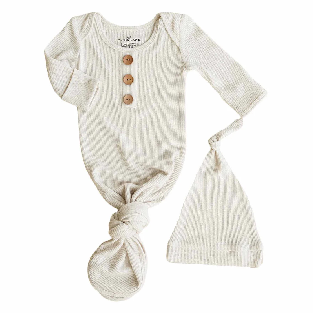 Eggshell Bamboo Waffle Newborn Baby Knot Gown & Hat Set | Caden Lane