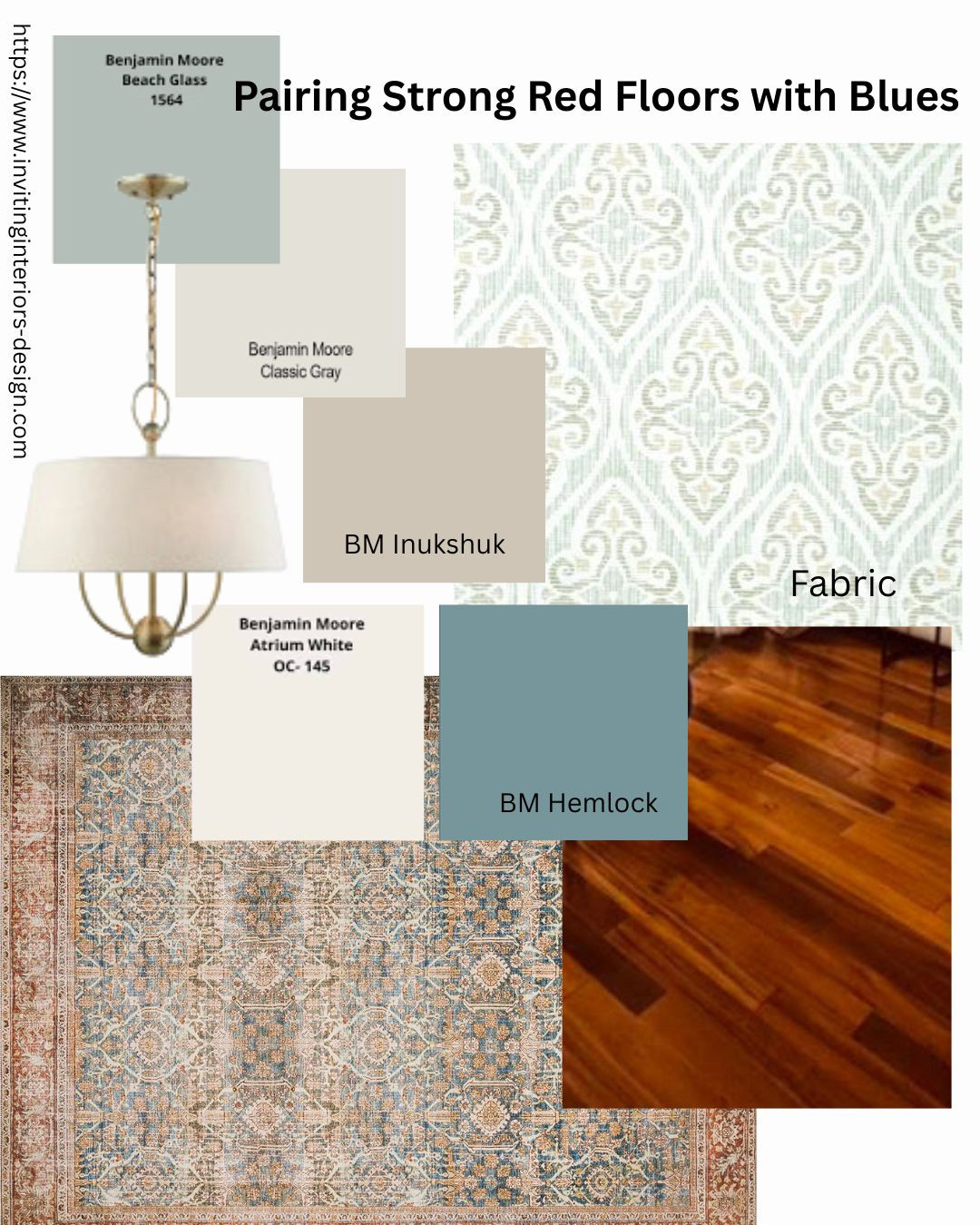 A palette with muted blues and a few warm greys. What makes this palette work with this really strong red floor is the blues have a slight undertone of green. The greys are a warm grey which merges with the warmth of the red. Red and green are opposite on the colour wheel, they will always compliment each other. If you have a strong colour that has to stay, don't fight it, work with it. I've added this rug with both reds and blue/green to the palette. It ties is all together! 

#benjaminmoore #woodfloors #redwoodfloors #LTKwinter #LTKstyletip
#fabricbytheyard #drapery #designcoach #humandesigner #interiordesiger #redfloors #arearugs #coastal #invitinginteriors #wayfairhome #wayfairdeals #amazonmusthaves #amazondeals #amazonhome 

#LTKhome 

 #LTKhome #LTKstyletip #LTKfamily