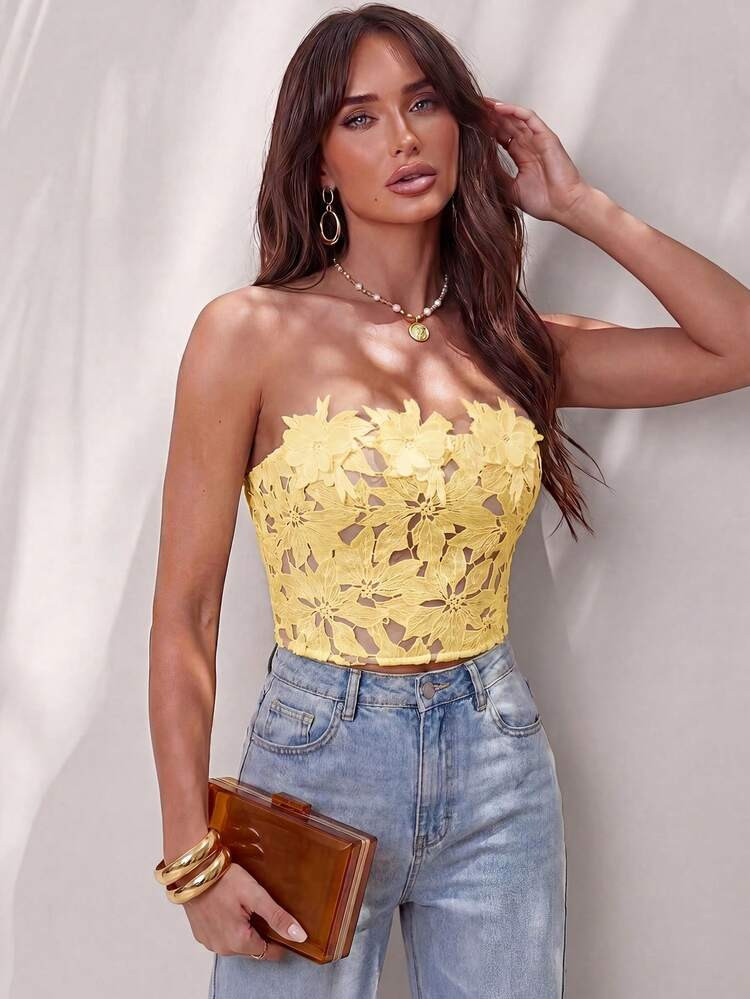 Glamine Women's Yellow Seductive Crop Top With 3D Ruffles,Watercolor Embroidery & Back Tie,Summer... | SHEIN