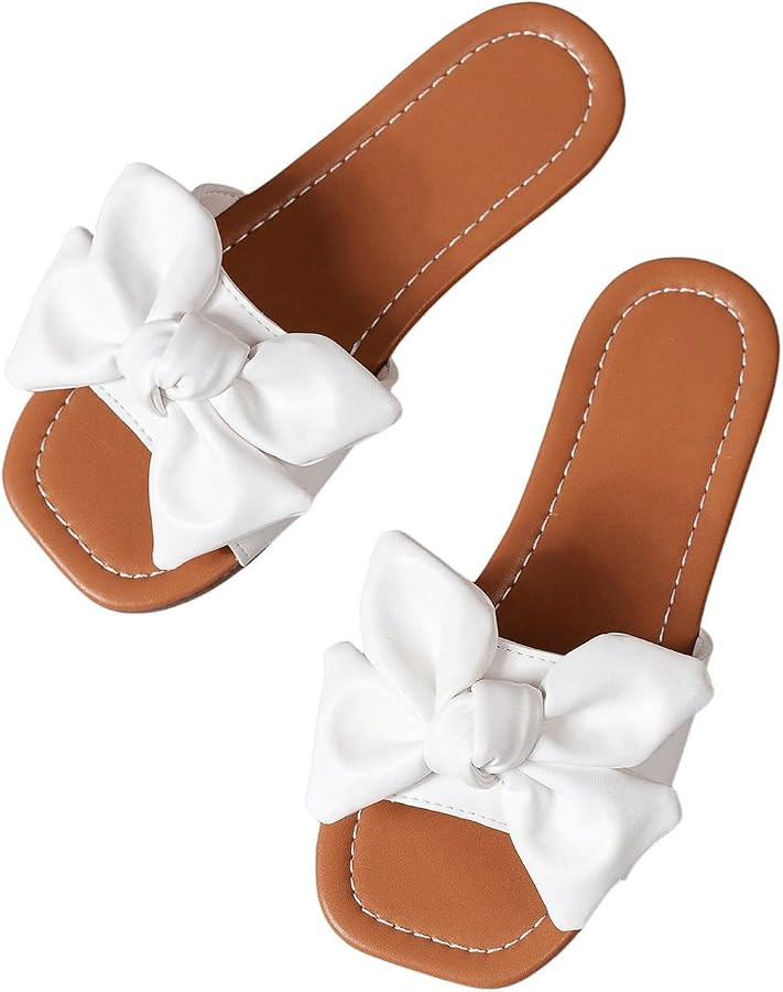 Verdusa Girl's Bows Square Toe Sandals Casual Summer Flat Sandal White 5 | Amazon (US)