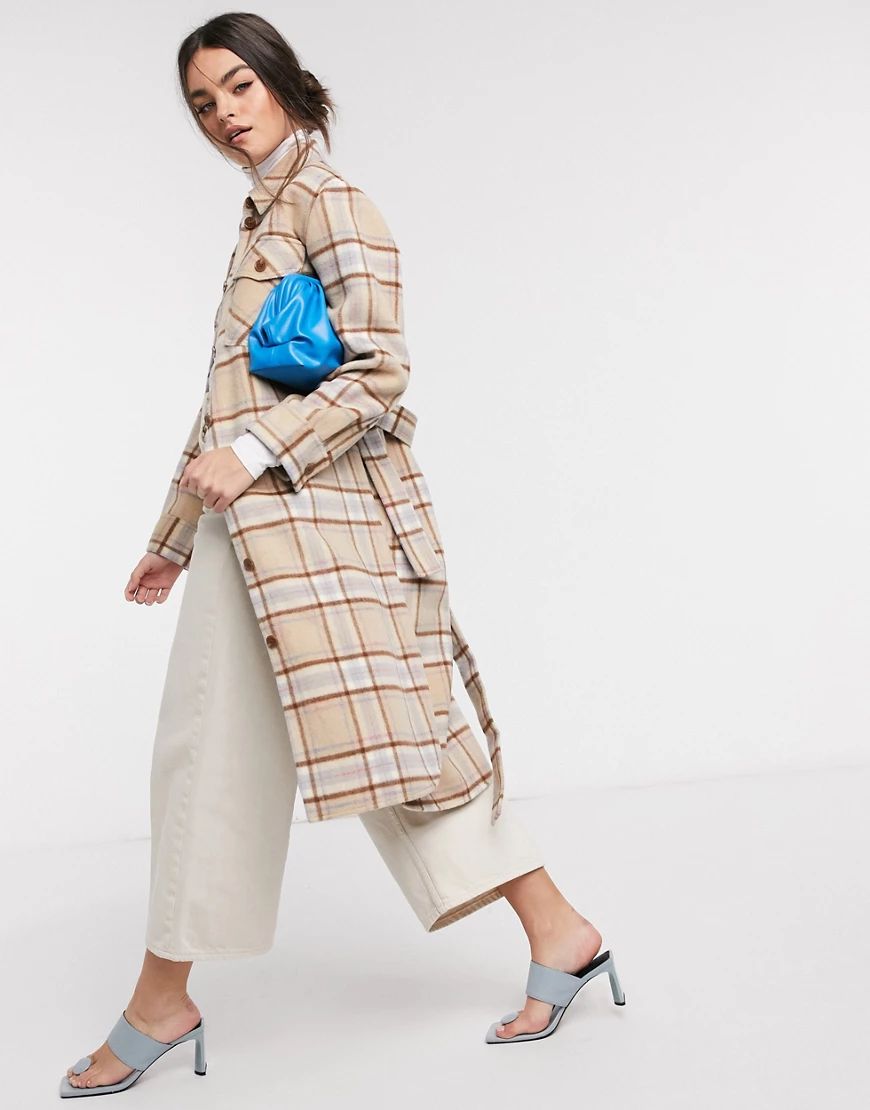& Other Stories recycled wool check longline shacket in grey and brown-Multi | ASOS (Global)