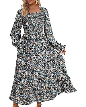 Dokotoo Fall Dresses for Women 2024 Casual Floral Square Neck Long Sleeve Smocked Elastic Waist T... | Amazon (US)