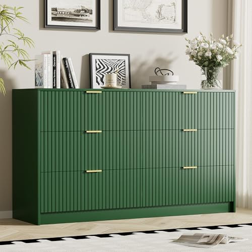 Furniway Green Dresser for Bedroom, Modern Dresser with 6 Drawers and Smooth Slides, Wide Chest of Drawers with Golden Handles for Bedroom, Living Room, Closet, 15.7" D x 55.1" W x 31.4" H | Amazon (US)