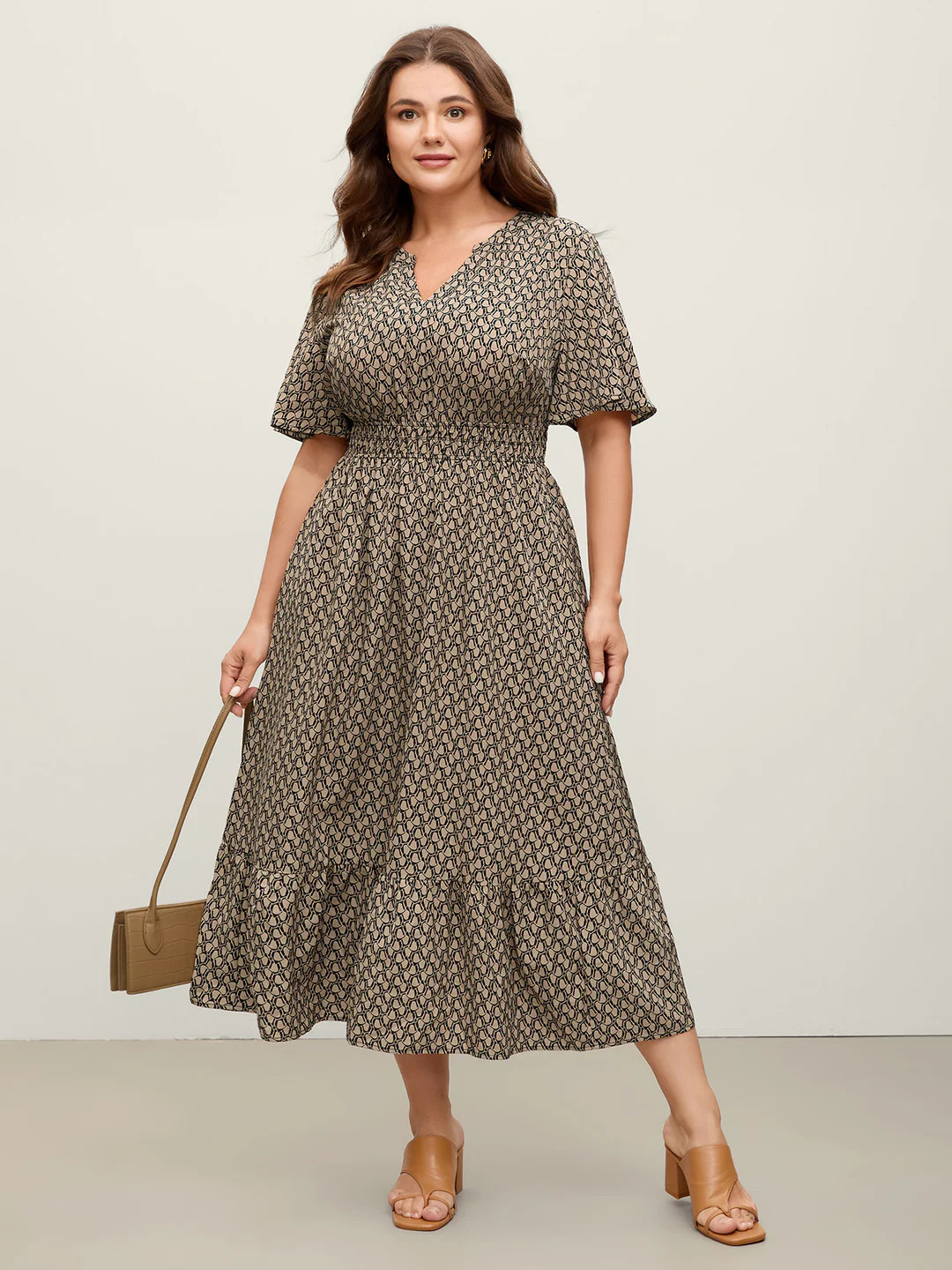 Geometric Print Waist-Cinched Tiered Midi Dress | Bloomchic