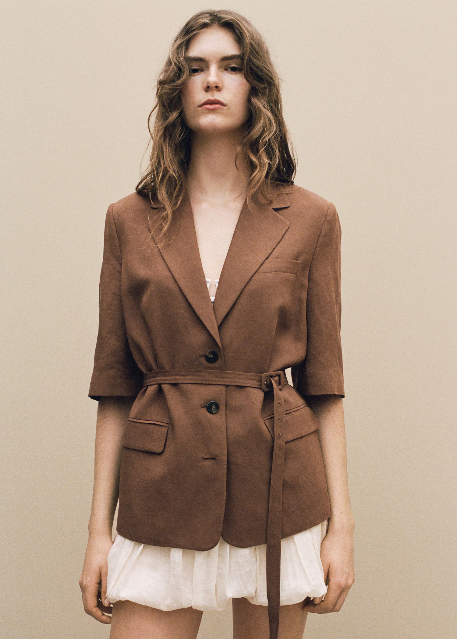 Linen-blend suit blazer with belt - Women | MANGO USA | Mango (US/MX/AU)