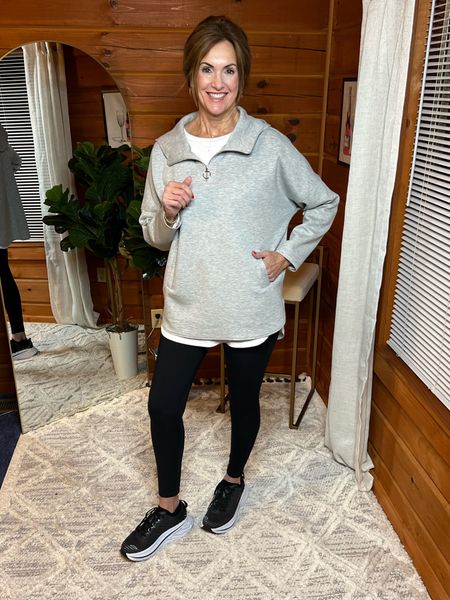 Tunic Style Lounge wear / Activewear 

Tunic tee - Medium. Fit is tts 
Tunic hooded pullover - Medium. Fit is oversized 
Fleece lined leggings- Medium fit is true to size 



#LTKstyletip #LTKshoecrush #LTKover40