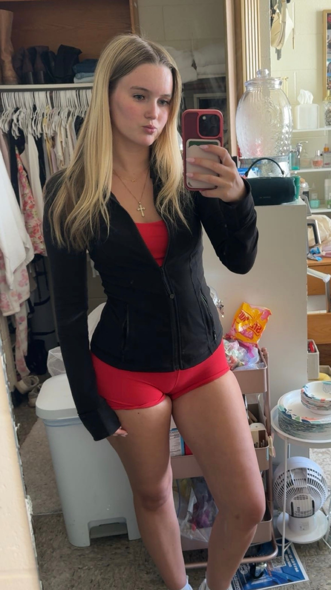 Ready for classes with @crzyoga red gym set and @lululemon define  jacket 