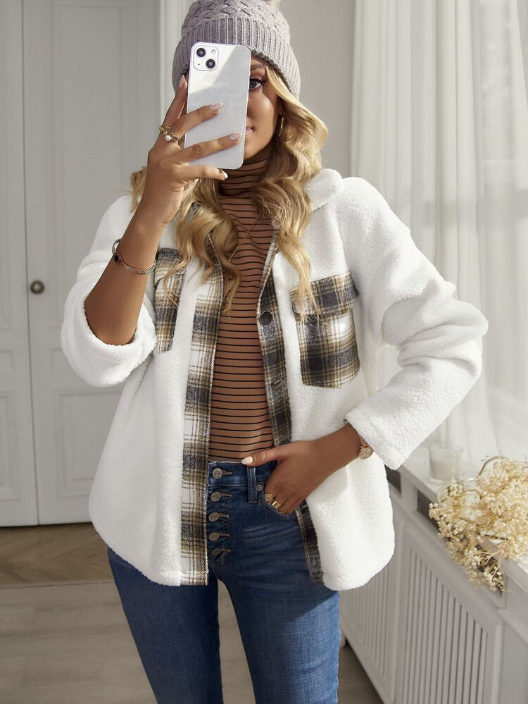 Plaid Flap Pocket Drop Shoulder Flannel Coat | SHEIN