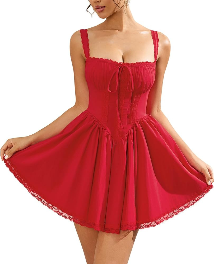 Womens Summer Floral Mini Dress Square Neck Tie Front Lace Spliced Ruched Backless Casual Party G... | Amazon (US)