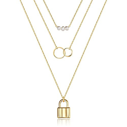 Layered Lock Necklace for Women, 14K Gold Plated Dainty Pearl Layered Lock Necklace for Women Layering Interlocking Infinity Lock Chain Necklaces for Women Jewelry Gifts | Amazon (US)