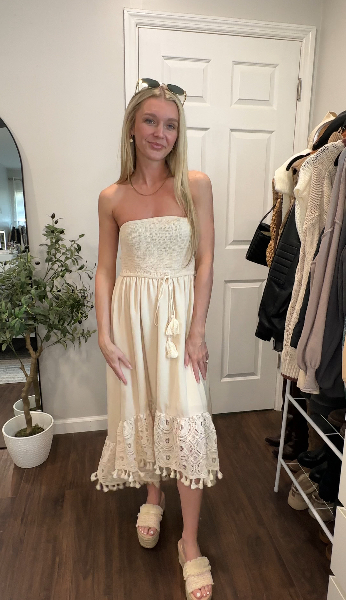 Loving the lace & tassel detail on this dress! Smocked top is comfy and flattering. Wearing a small 

#LTKFestival #LTKPetite #LTKFindsUnder50
