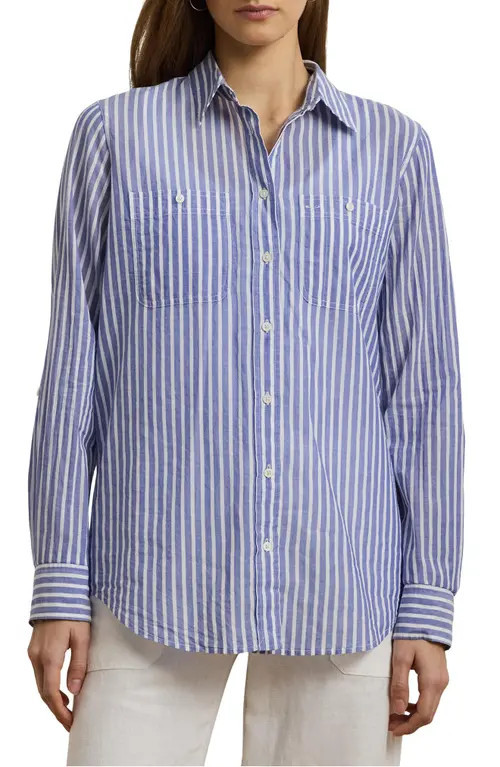 Lauren Ralph Lauren Stripe Relaxed Fit Cotton Button-Up Shirt in Blue/White at Nordstrom, Size Small | Nordstrom