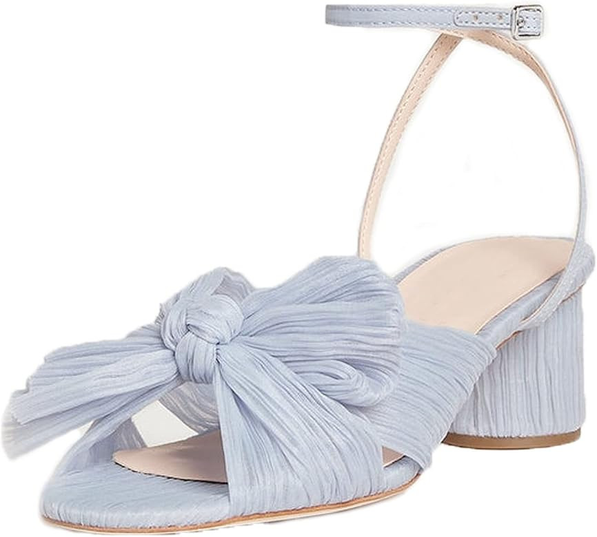 Womens Bowknot Heeled Sandals Bridal Wedding Open Toe Ankle Strap Chunky Heeled Sandals | Amazon (US)