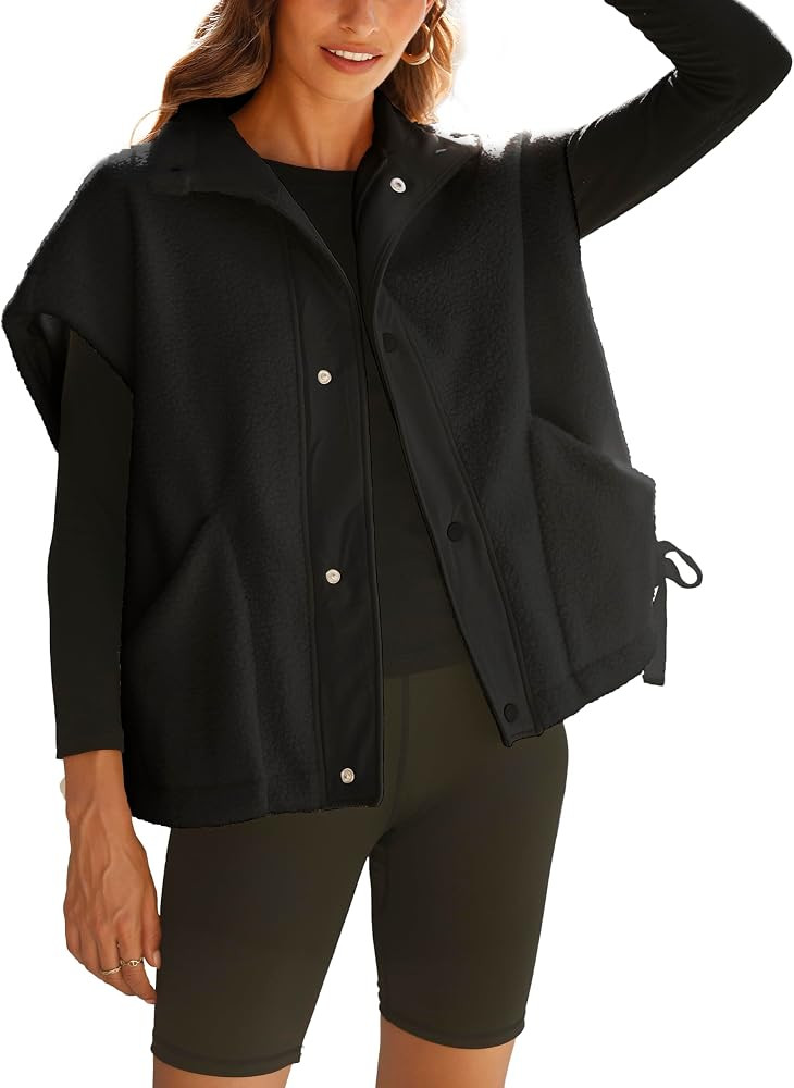 Watashi Women's Oversized Fleece Vest Trendy Sleeveless Sherpa Jacket Warm Fuzzy Outerwear with P... | Amazon (US)