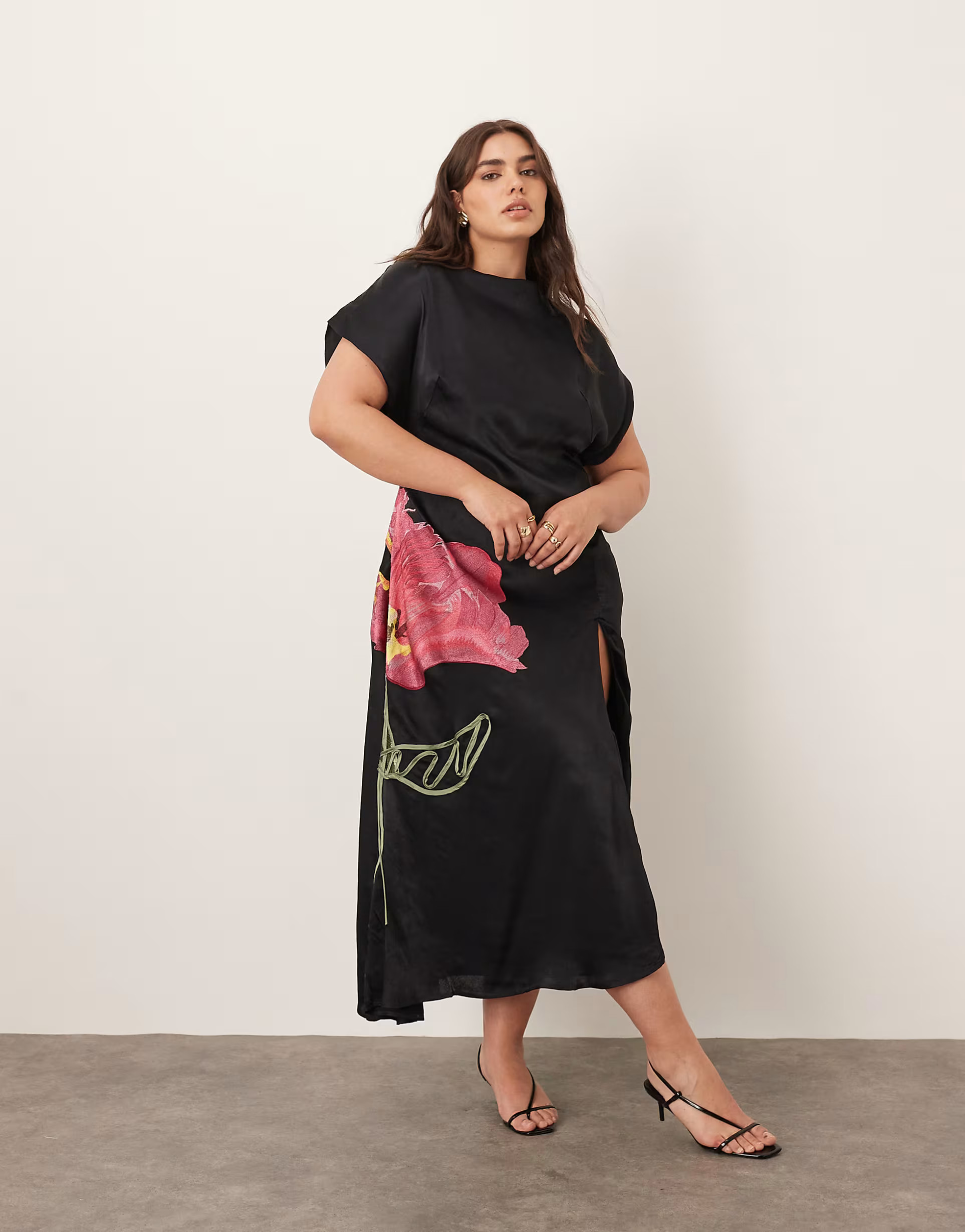ARRANGE Curve embroidered floral asymmetric midi dress in black | ASOS (Global)
