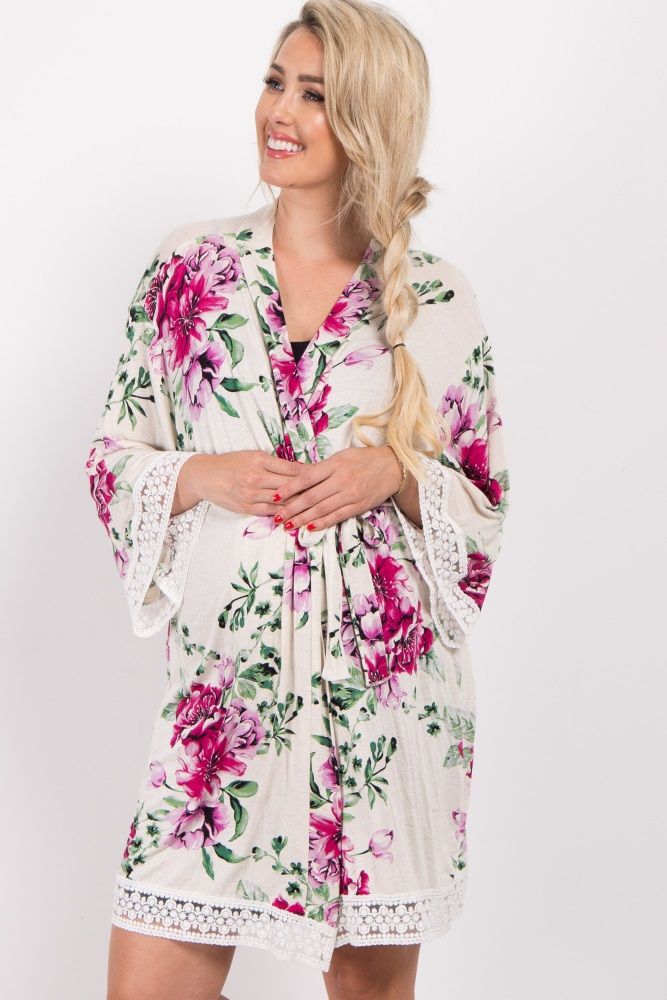 PinkBlush Beige Floral Lace Trim Delivery/Nursing Maternity Robe | PinkBlush Maternity