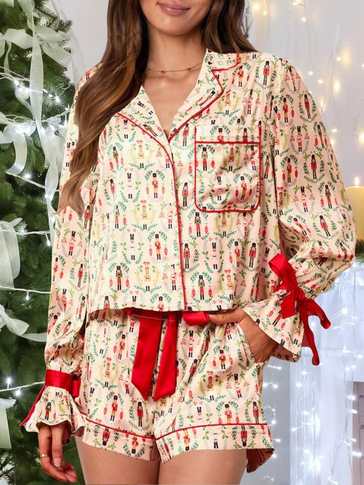 Women Christmas Pajamas Sets Cute Print Bow Tie Long Sleeve Button Down Shirts Tops And Shorts Se... | SHEIN