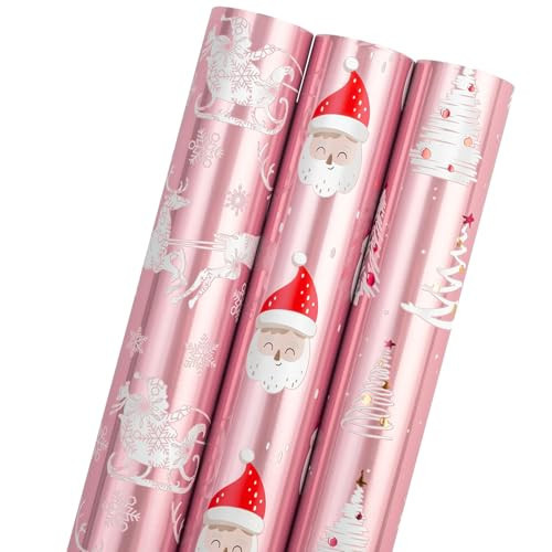 MAYPLUSS Pink Christmas Wrapping Paper - 17In x 120In Per Roll - Girly Festive Metallic Foil Trees, Cute Santa, Winter Sled Design Christmas Girls Pink Gift Wrap Paper for Winter Holiday, Birthday | Amazon (US)
