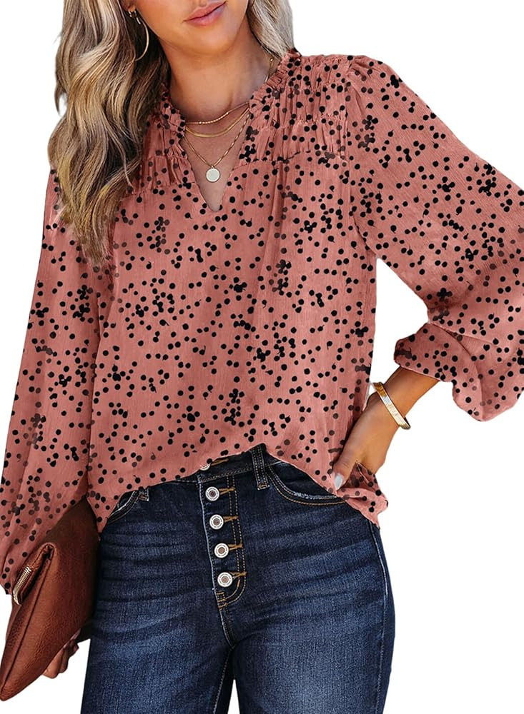 Dokotoo Women's Casual V Neck Alicia Floral Print Smocked Long Sleeve Chiffon Blouses Bohemian To... | Amazon (US)