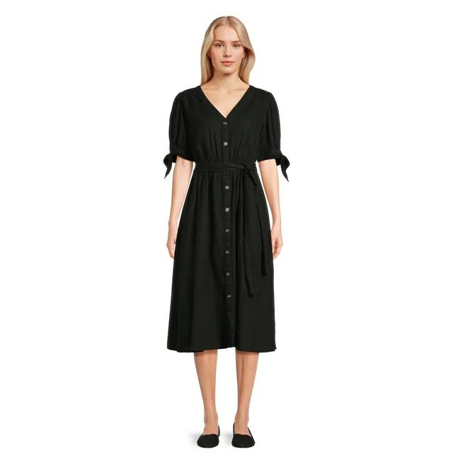 Time and Tru Women?s Tie Sleeve Linen Blend Midi Dress, Sizes XS-XXXL - Walmart.com | Walmart (US)