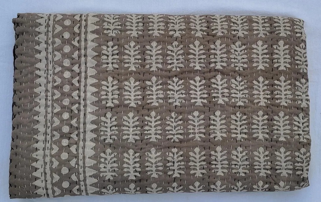 Brown Kantha Quilt Handmade Cotton Bedspread | Neutral Block Print Bedding Throw | Rustic Farmhou... | Etsy (US)