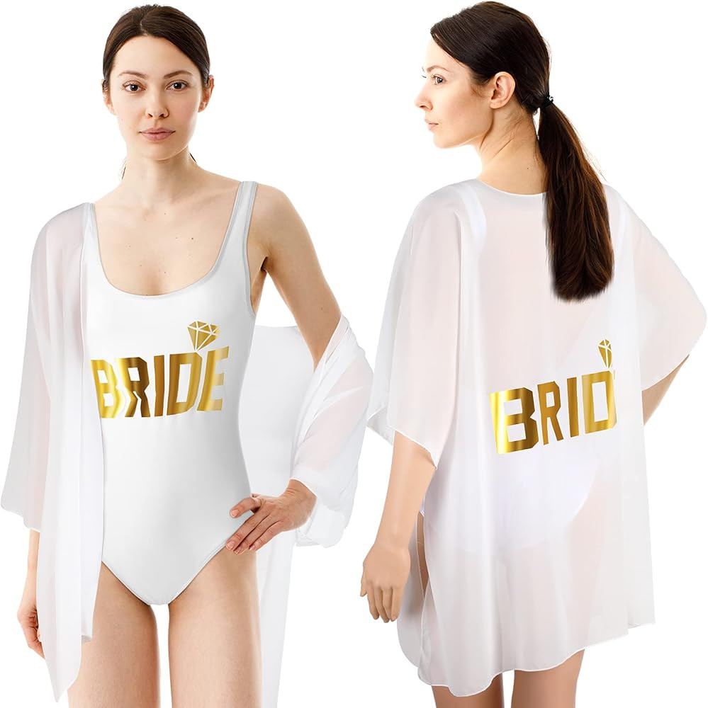 2 Pcs Bride Bathing Suit and Summer Bikini Beach Cover Up, Bachelorette Swimsuit Cover up for Wed... | Amazon (US)
