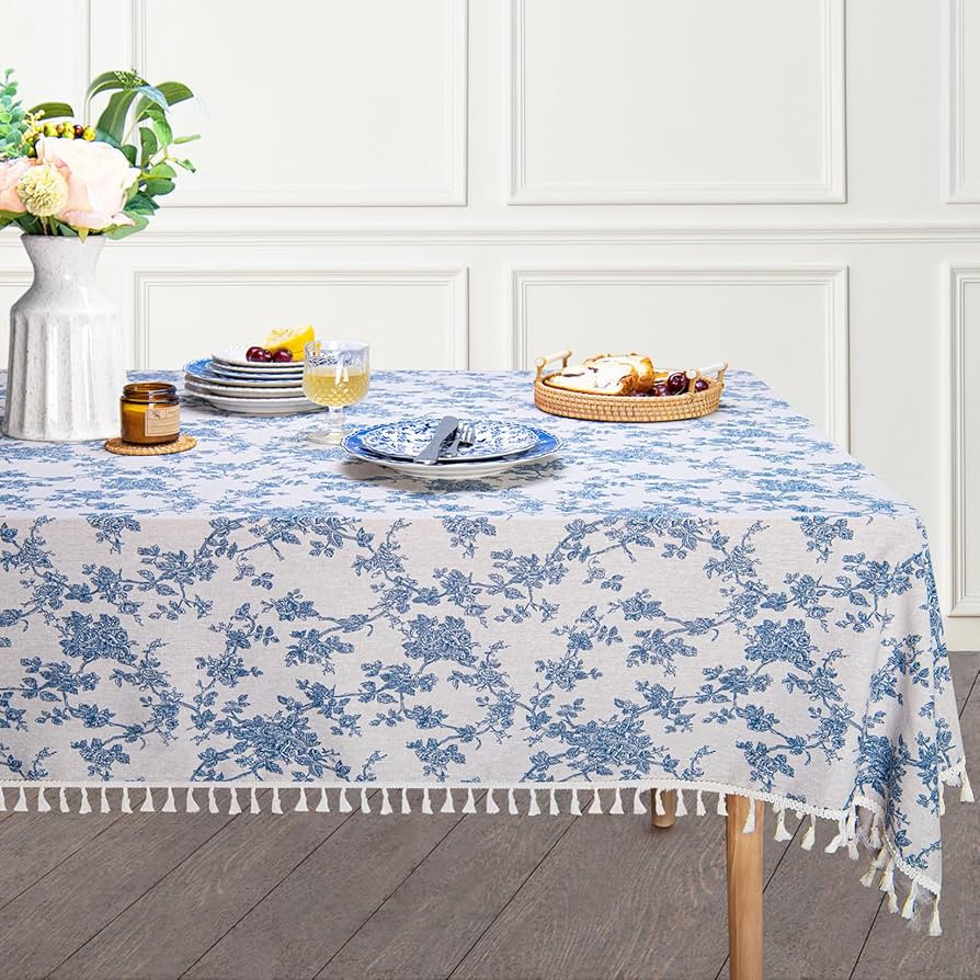 LOVOUS Linen Floral Rectangle Tablecloth 60 x 102 Inch – Washable Vintage Blue Table Cloth for ... | Amazon (US)