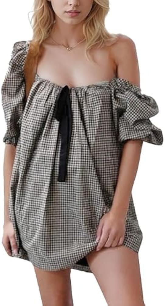 Women Flowy Long Puff Sleeve Mini Babydoll Dress Casual Square Neck Bow Tie Fairy Mini Ruffle Boh... | Amazon (US)