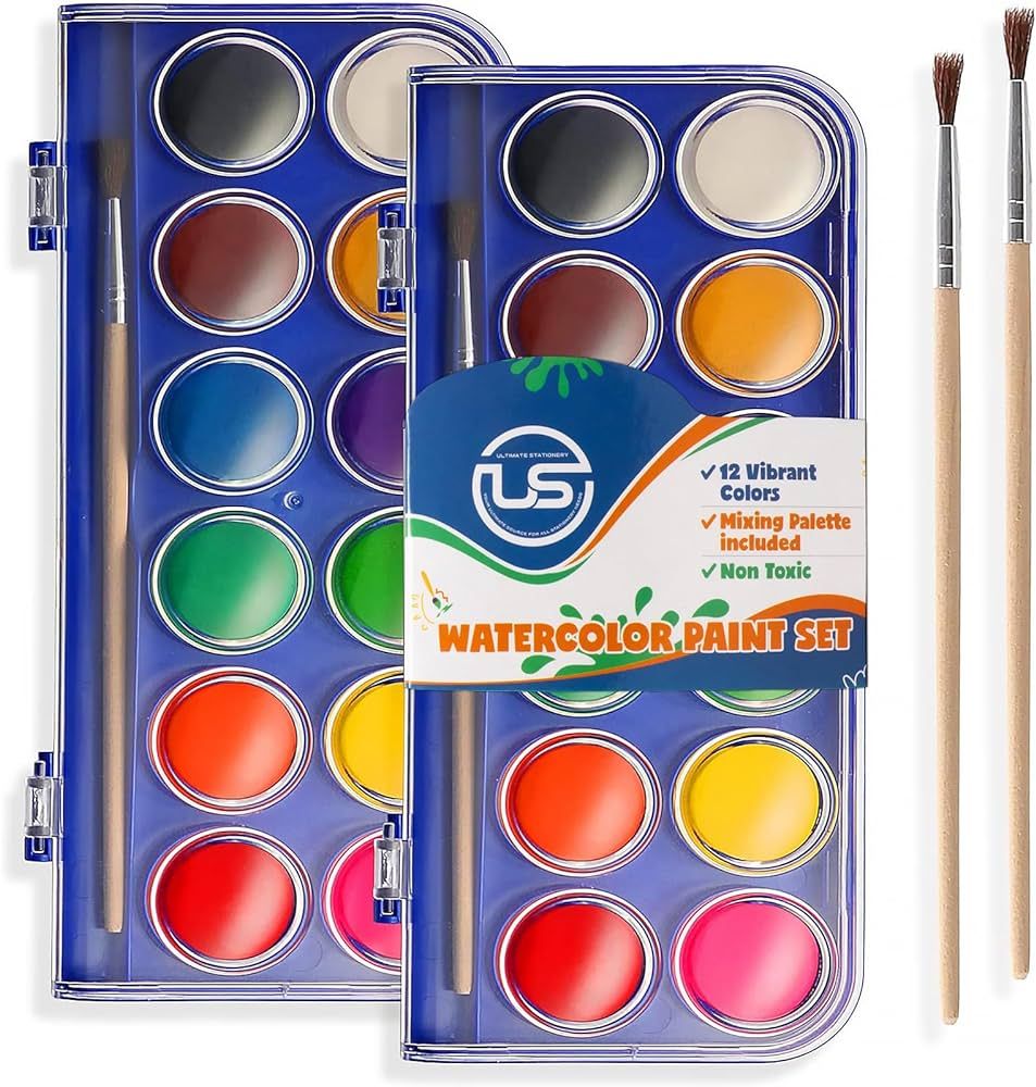2 Pack Watercolor Paint Set 12 Vivid Colors Includes Watercolour Mixing Palette and 2 Brushes, Pe... | Amazon (US)