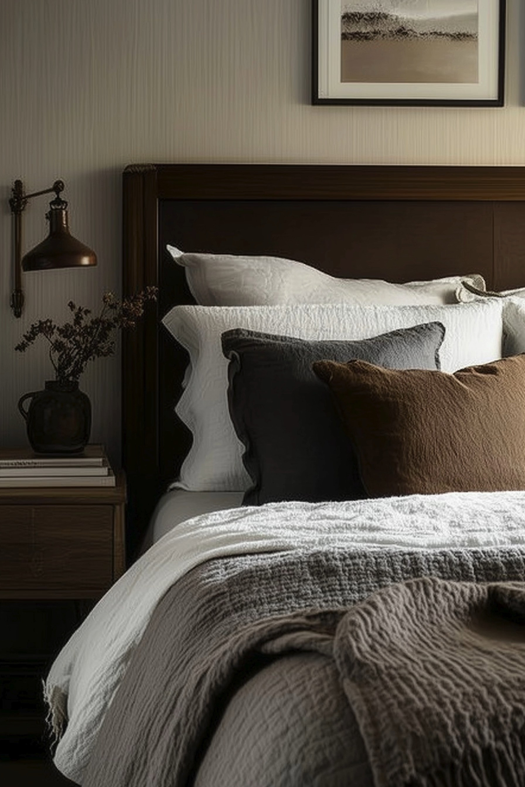 This cozy bedroom exudes a warm, inviting ambiance with its blend of neutral tones and rich textures. The bed is elegantly layered with crisp white linens, soft gray pillows, and a plush brown throw, creating a harmonious palette perfect for relaxation. A rustic bedside table adorned with minimalist decor and a stylish copper lamp complements the overall aesthetic, adding a touch of rustic charm. The framed artwork above the headboard enhances the serene mood, making this space a perfect retreat. 

🖤 If you want to see more content like this, FOLLOW maeveandmodern on LTK, Instagram, and Pinterest! Check out our blog where we post daily, maeveandmodern.com!

Moody Bedroom | Neutral Decor | Cozy Textures | Rustic Charm | Organic Modern | Bedroom Retreat | Interior Styling | Home Aesthetic | Warm Bedroom | Stylish Bedroom Decor | Minimalist Bedroom | Rustic Elements | Bedroom Comfort | Modern Farmhouse | Chic Home | Bedroom Inspiration | Serene Interior | Home Design | Bedroom Haven | Relaxing Space  

 

#LTKHome #LTKSaleAlert #LTKFindsUnder100 #LTKSeasonal #LTKHome #LTKSaleAlert