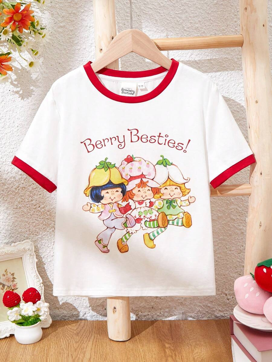 Strawberry Shortcake X SHEIN Tween Girl Cute Cartoon Print Strawberry Patterned Short Sleeve T-Sh... | SHEIN