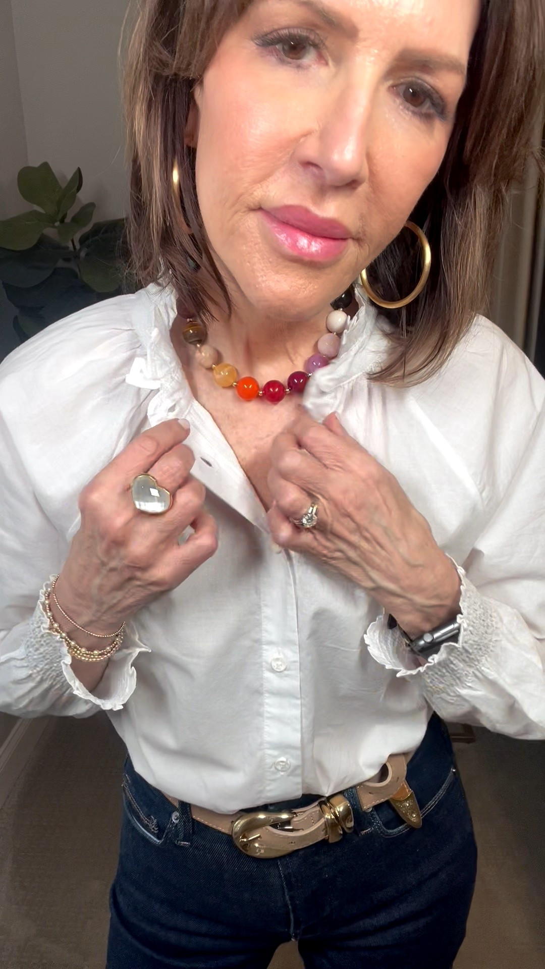 white ruffle blouse, colorful beaded necklace, over 50 outfits 

#LTKOver40 #LTKootd #LTKSeasonal