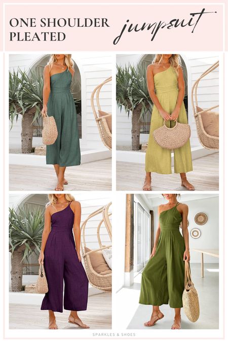 More 4,000 reviews and a dozen colors, say hello to this ANRABESS Women's Summer Straps One Shoulder Pleated High Waist Casual Wide Leg Jumpsuit Romper with Pockets from Amazon! 