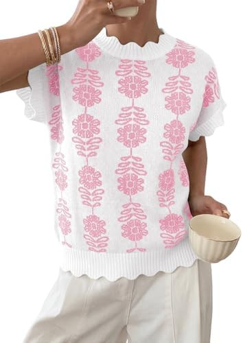 Saodimallsu Womens Floral Sweater Vest Cap Sleeve Loose Knit Vintage Crew Neck Scalloped Summer S... | Amazon (US)