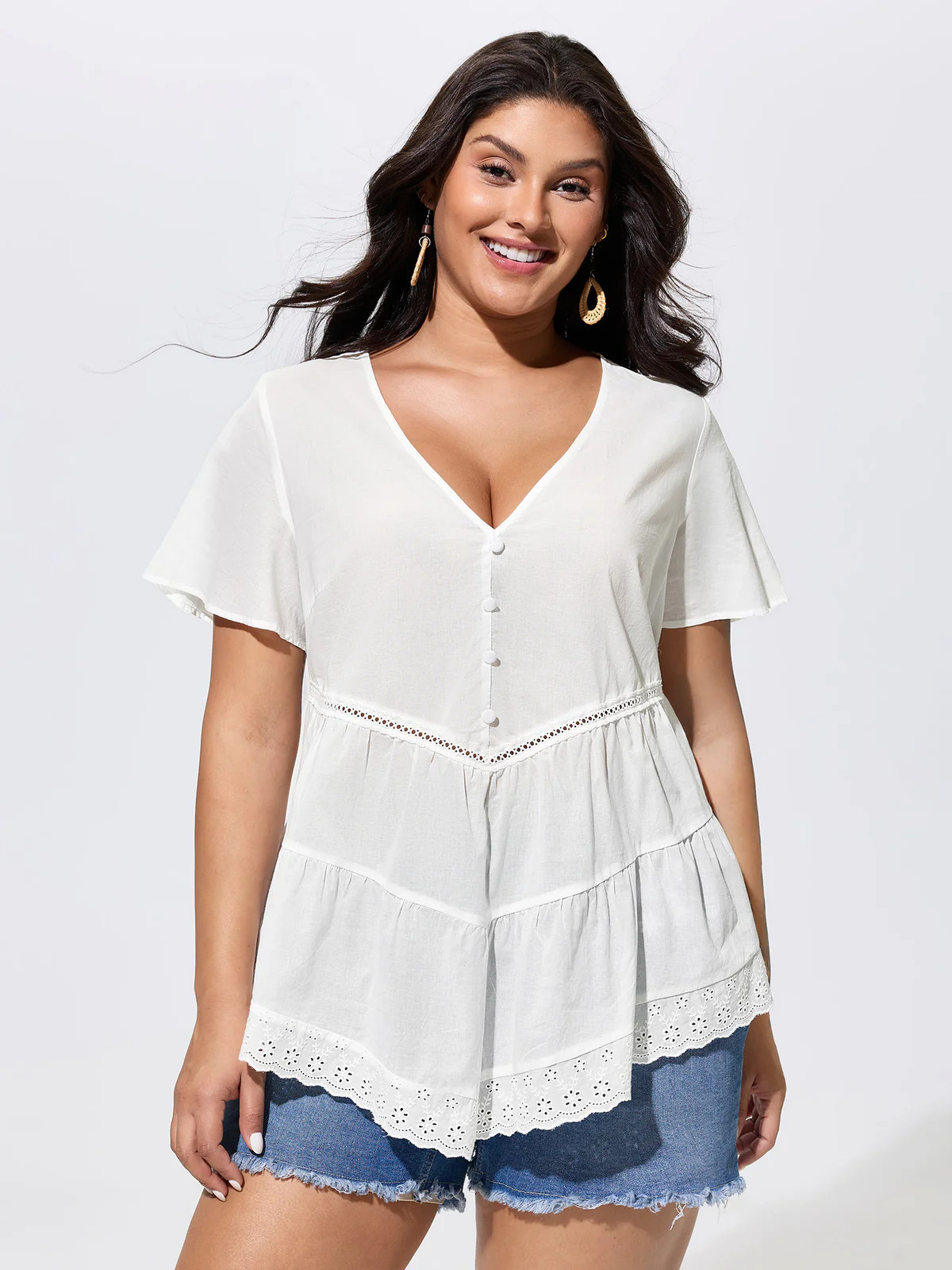 Cotton V-Neck Tiered Plain Blouse | Bloomchic