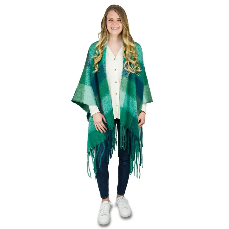 Time and Tru Women's Brushed Check Layering Piece with Fringe, Green | Walmart (US)