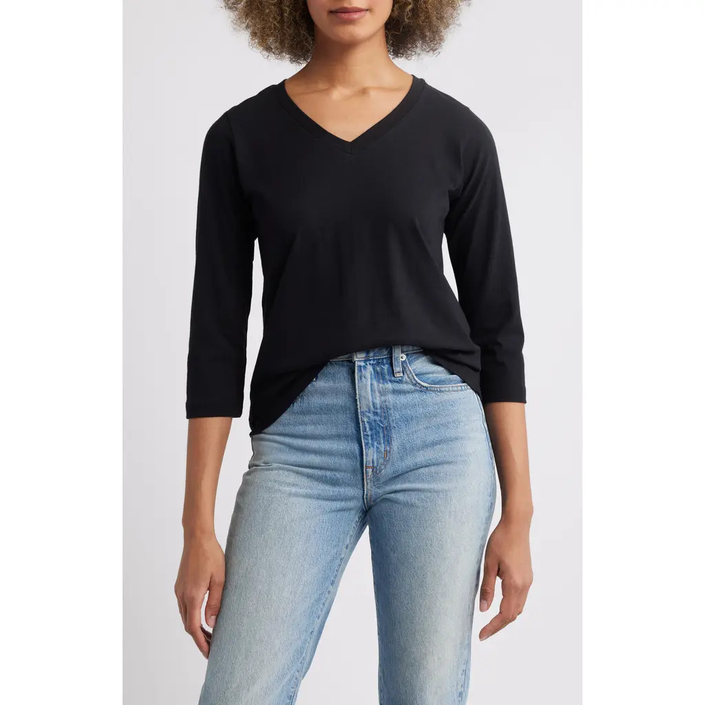APNY Three-Quarter Sleeve V-Neck T-Shirt in Black at Nordstrom, Size X-Small | Nordstrom