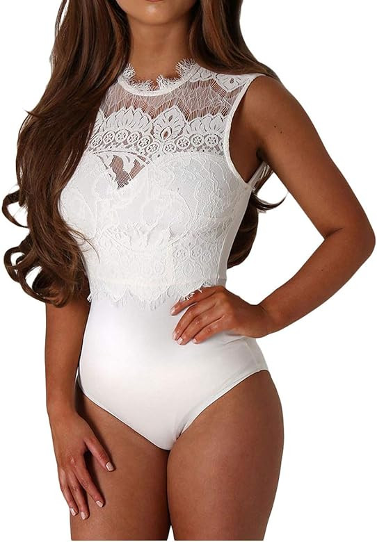 Womens Sexy Floral Lace High Neck Sleeveless Bodysuit Clubwear | Amazon (US)