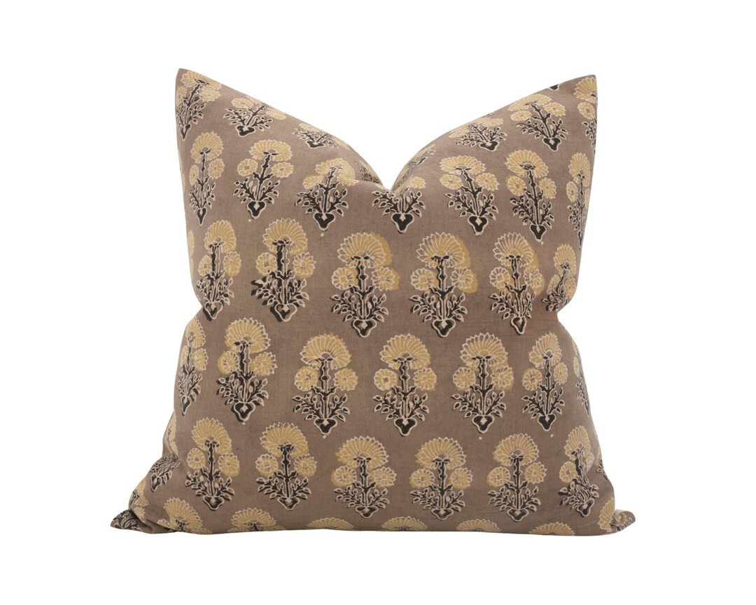 MISHA Brown Floral Pillow Cover Brown Block Print Pillow Cover Neutral Floral Pillow Brown Cushio... | Etsy (US)