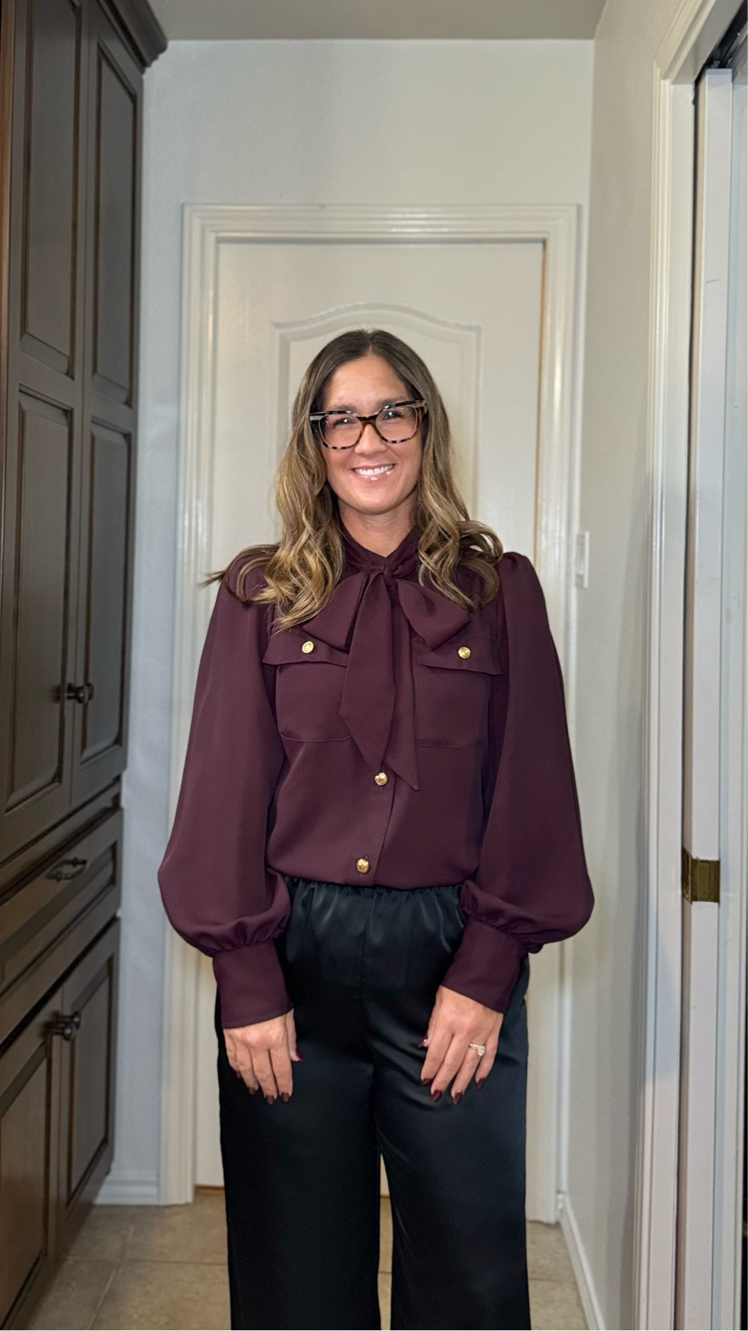 Loving this color for Fall!  The gold buttons really make it pop! #falloutfit #womensoutfit #satinpants 

#LTKWorkwear #LTKPetite #LTKOver40