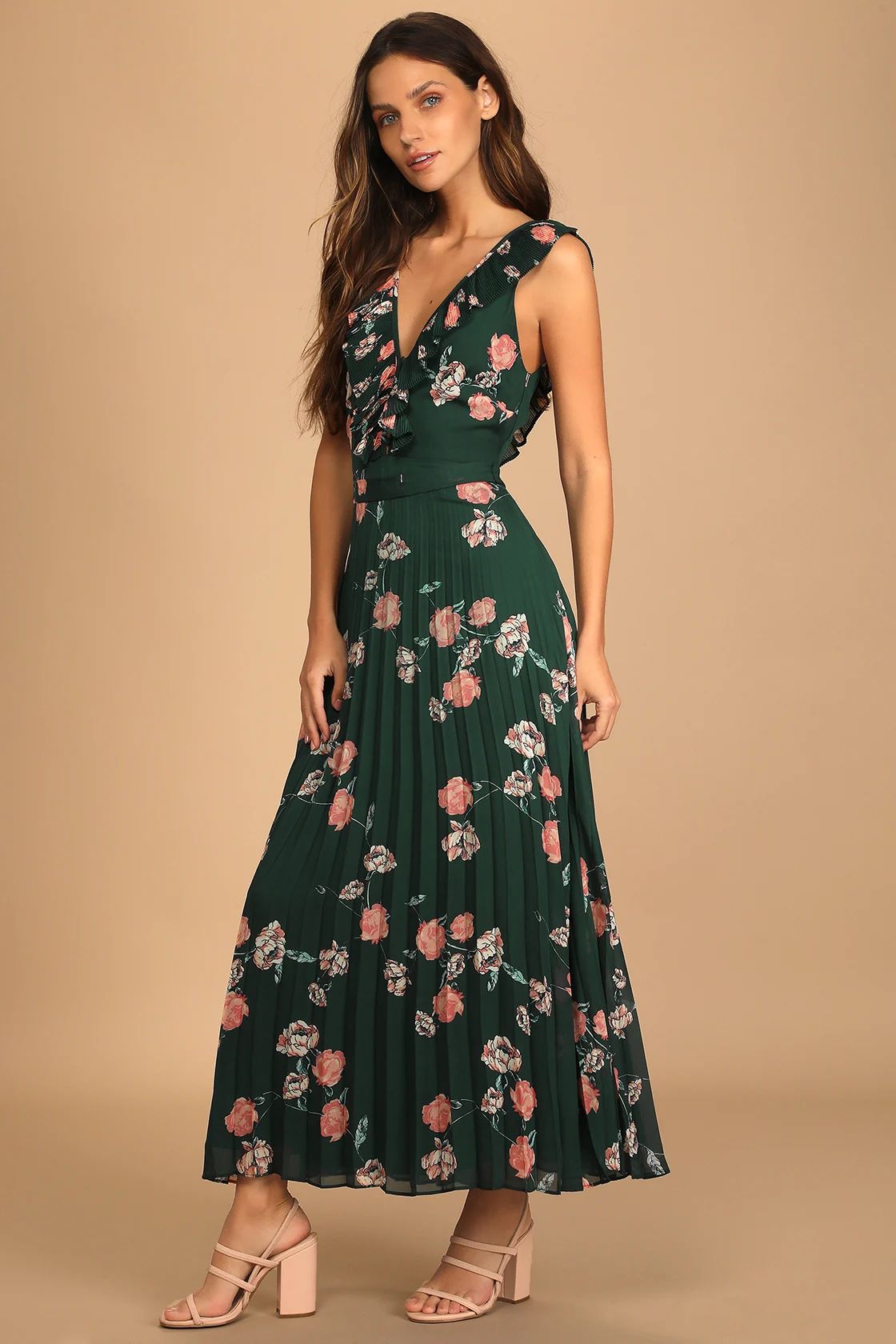 Loved By You Dark Green Floral Print Pleated Chiffon Maxi Dress | Lulus (US)
