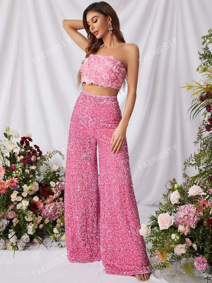 Elegant Floral Applique Tube Top & Sequin Wide Leg Pants Set | SHEIN