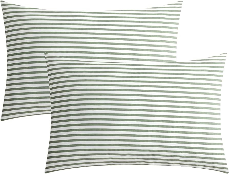 JELLYMONI 100% Natural Cotton Striped King Pillowcases Set, 2 Pack White and Green Stripes Patter... | Amazon (US)