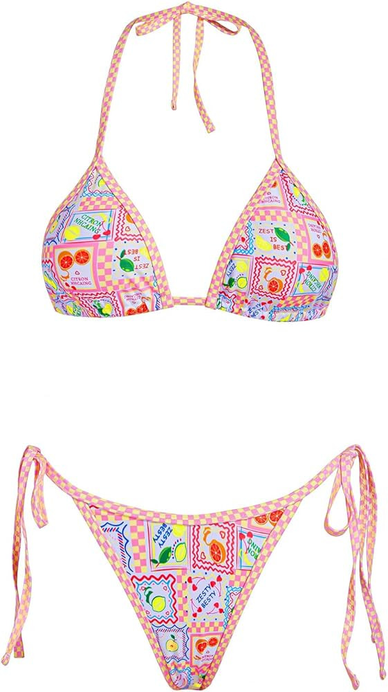 VOLAFA Women's Triangle Bikini Set String Swimsuit Print Tie Smocked Ruched Two Piece Bathing Sui... | Amazon (US)