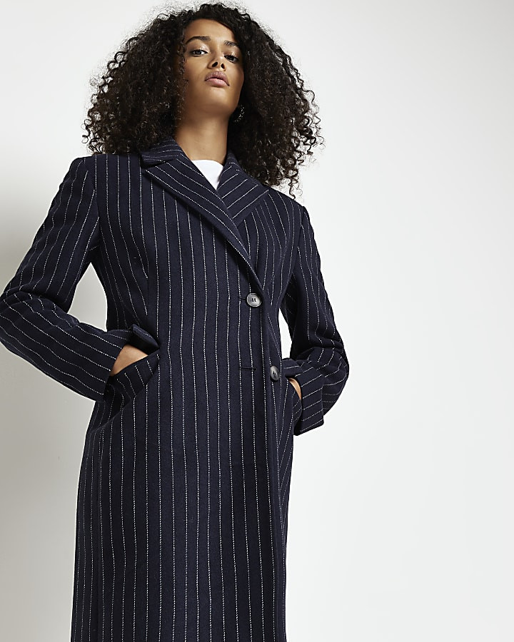 Navy striped longline coat | River Island (UK & IE)