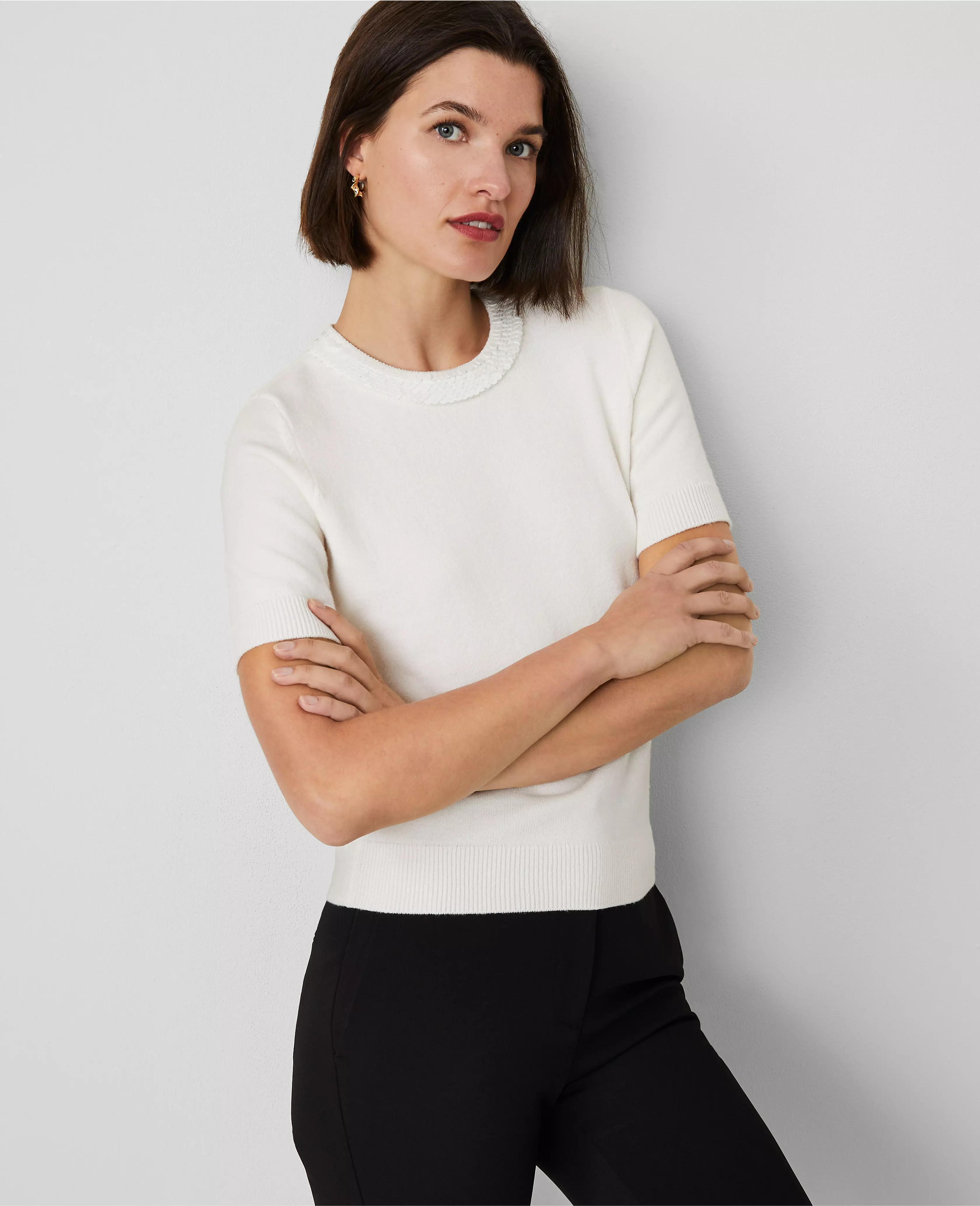 Sequin Neck Short Sleeve Sweater | Ann Taylor (US)